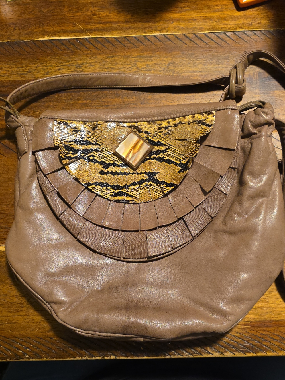 Sharif Taupe Shoulder Bag with Yellow Snake-Print Accent